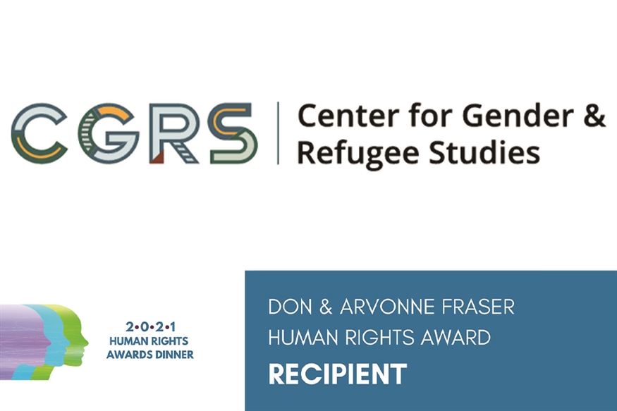 [ai] Logo for the Center for Gender & Refugee Studies (CGRS) at the top, with a blue section below stating "Don & Arvonne Fraser Human Rights Award" and the word "RECIPIENT", accompanied by an emblem with colorful silhouettes.